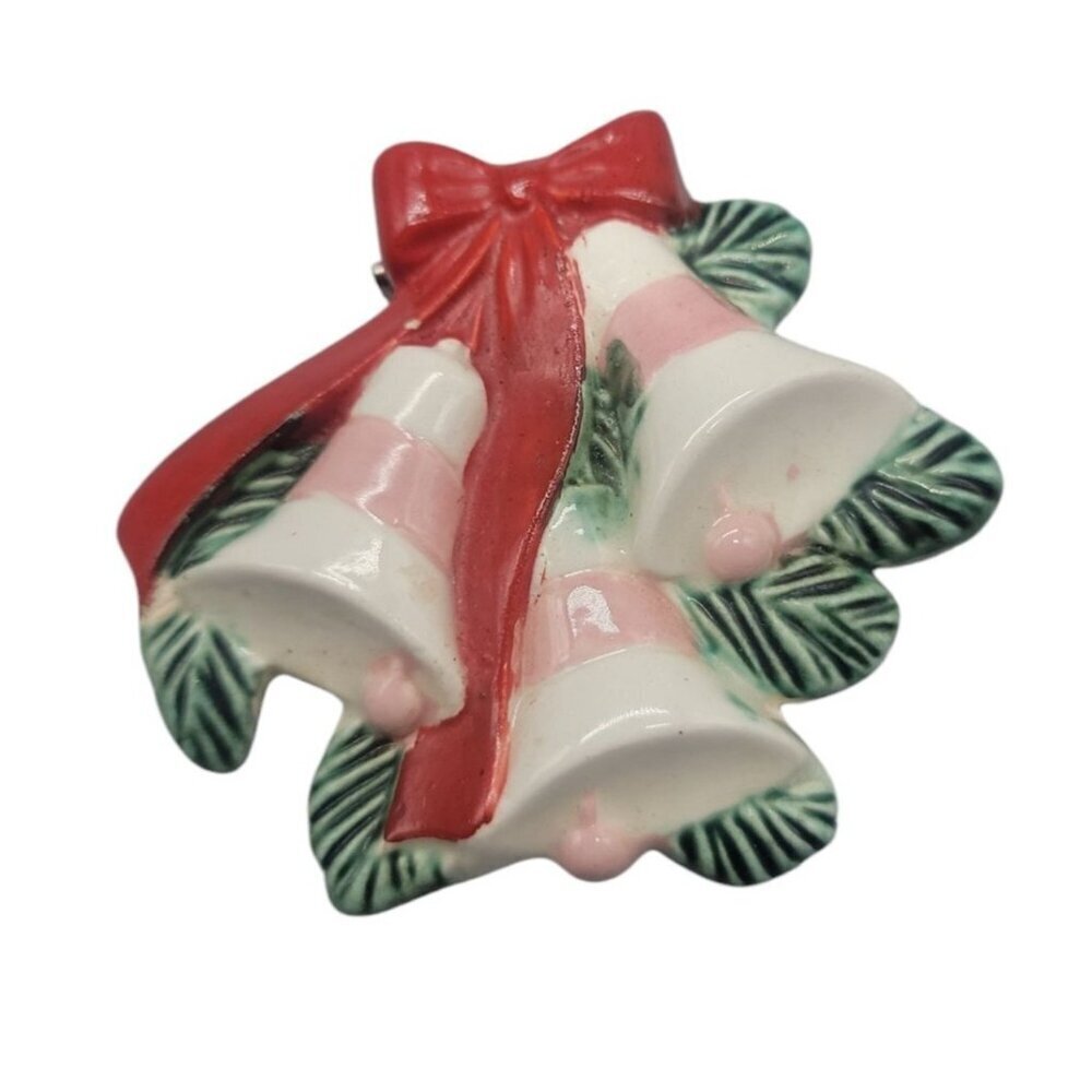 Holland Mold Christmas Brooch Handmade Handpainted Bells Holly Ribbon Vintage